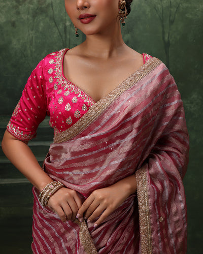 Mystic Merlot Shimmer Organza Saree With Stitched Blouse