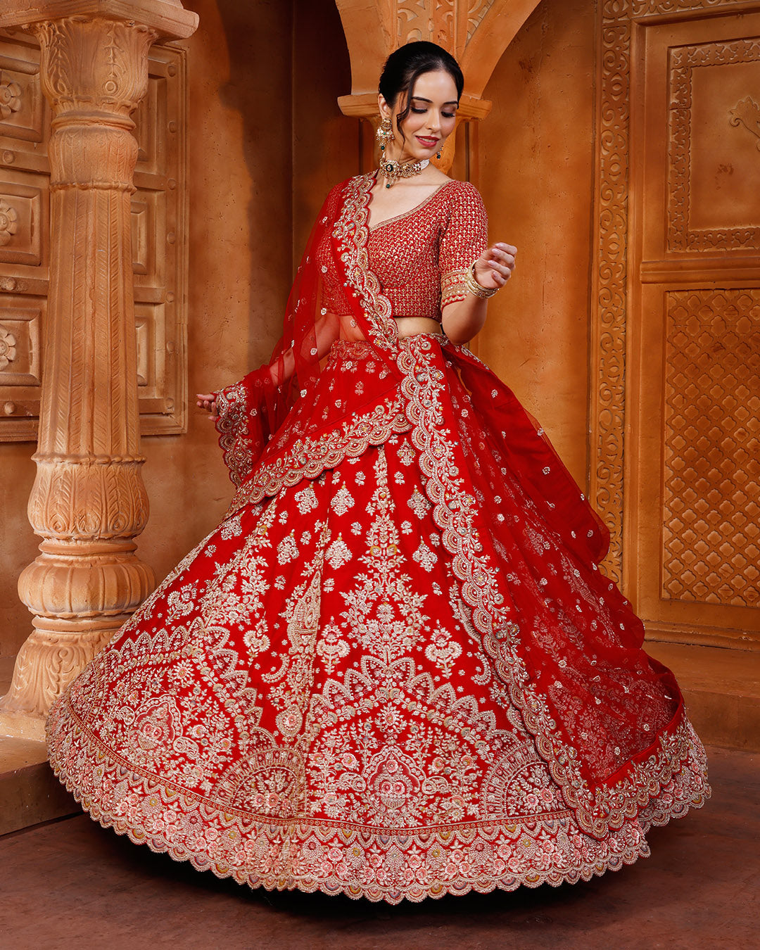 Mystique Red Embroidered Bridal Lehenga With Unstitched Blouse Piece