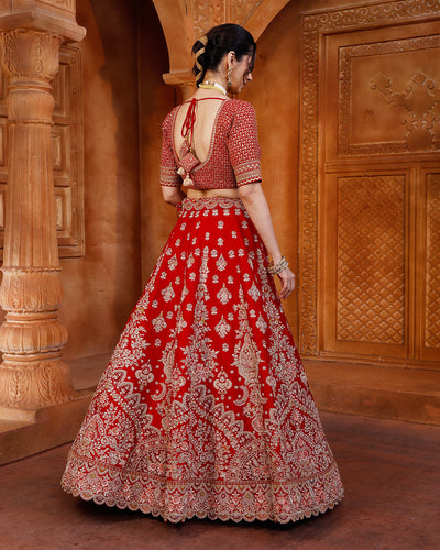 Mystique Red Embroidered Bridal Lehenga With Unstitched Blouse Piece