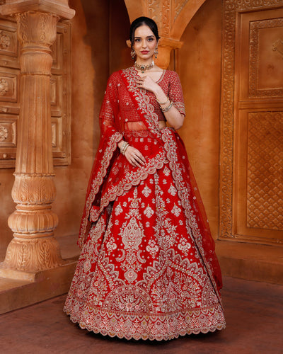 Mystique Red Embroidered Bridal Lehenga With Unstitched Blouse Piece