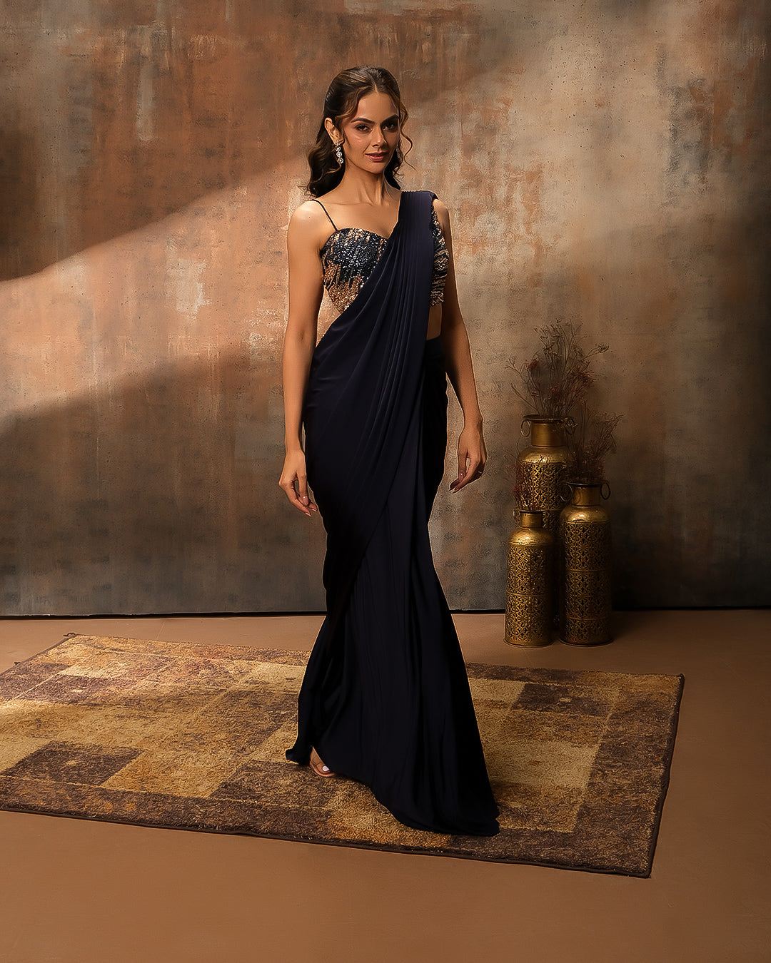 Navy Blue Lycra Pre-Draped Saree With Asymmetric Sequin Embellished Blouse