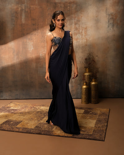 Navy Blue Lycra Pre-Draped Saree With Asymmetric Sequin Embellished Blouse