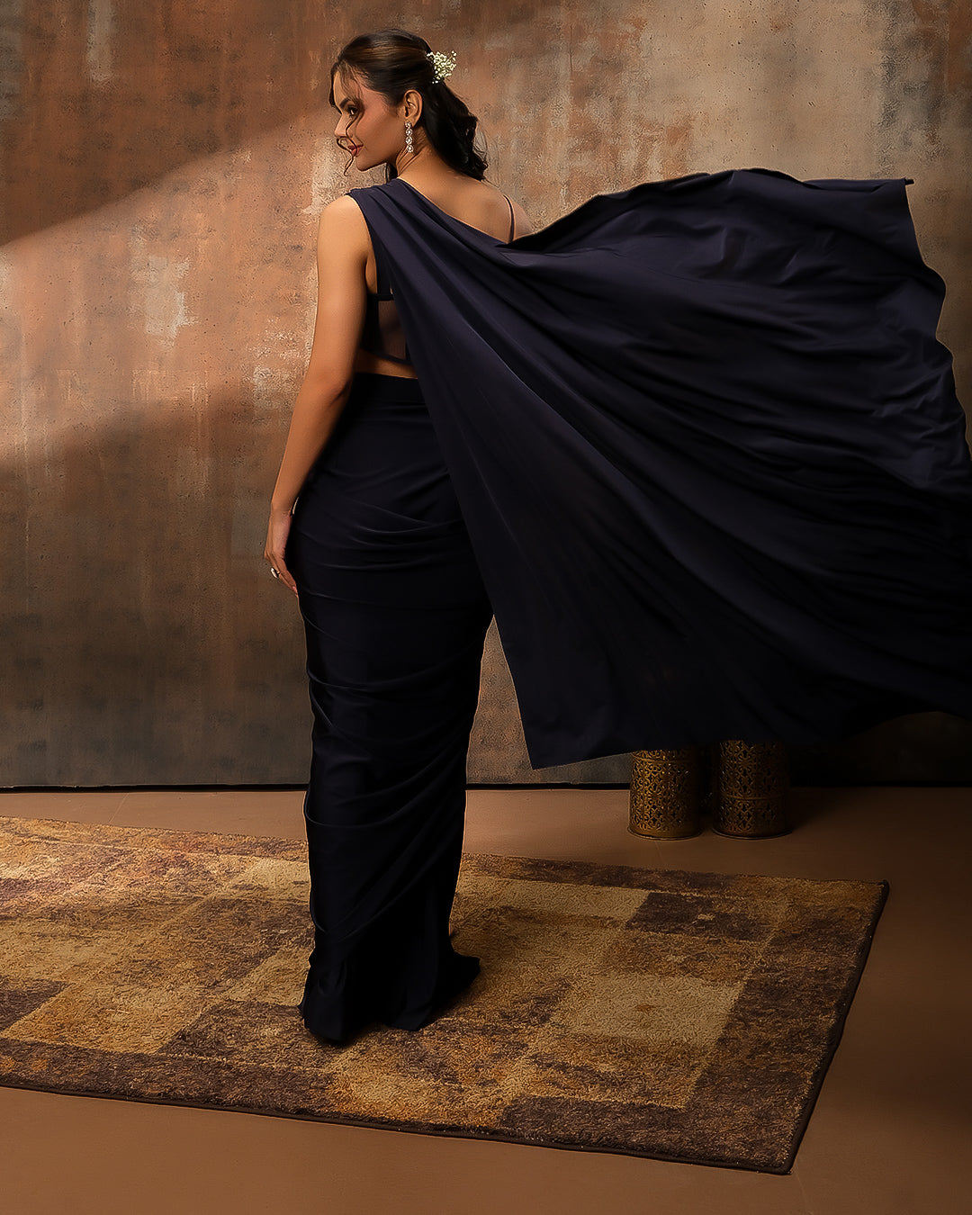 Navy Blue Lycra Pre-Draped Saree With Asymmetric Sequin Embellished Blouse