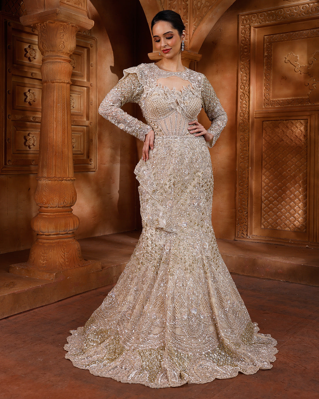 Nude Macaron Embellished Fish-Cut Gown