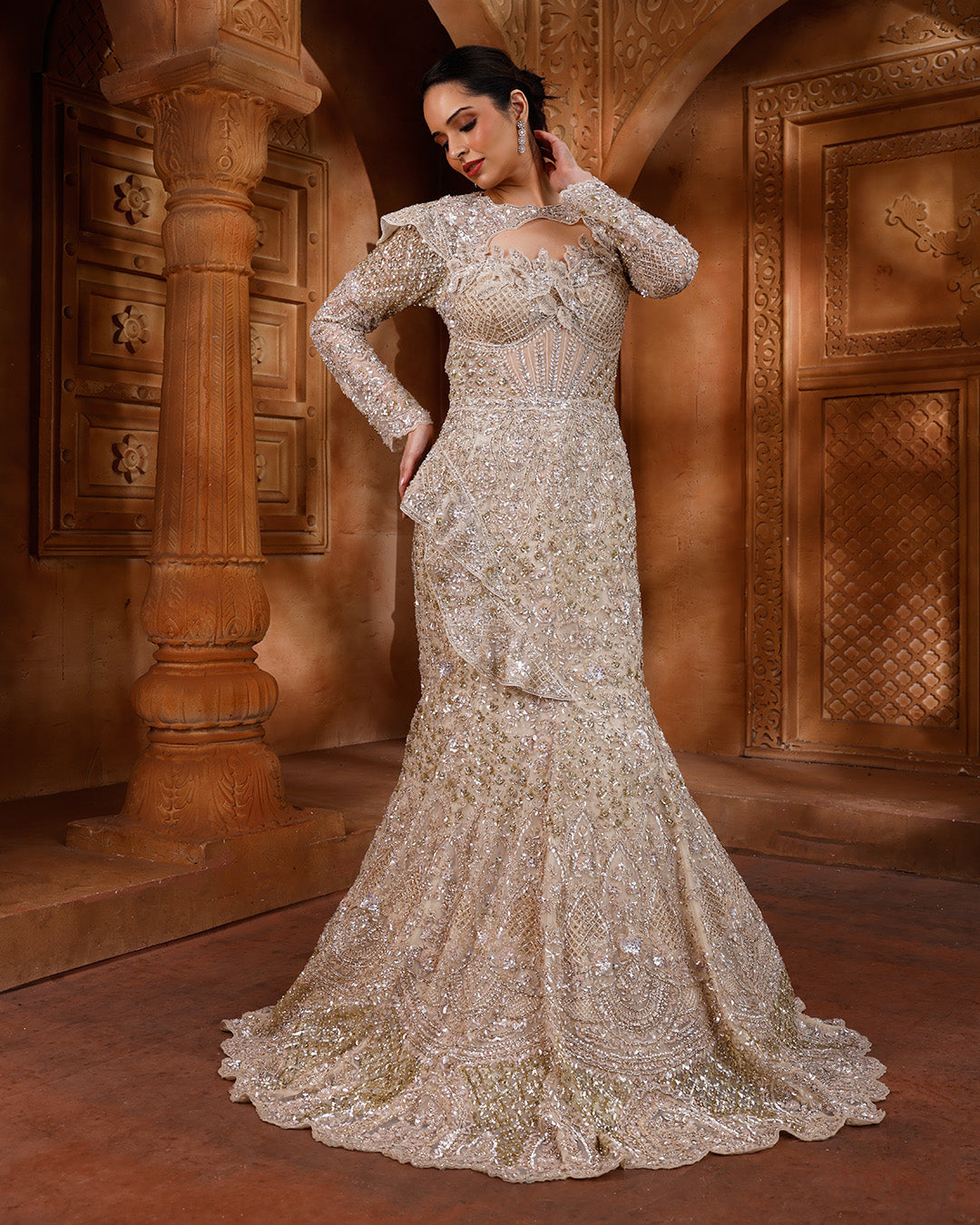 fish cut dress Peach Net 3D Feather Embroidered Fish-Cut Mermaid Gown Design by PRESTO  COUTURE at Pernia's Pop Up Shop 2026