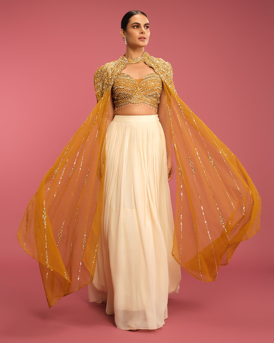 Ochre Yellow & Pearl White Fusion Cape Jacket Set