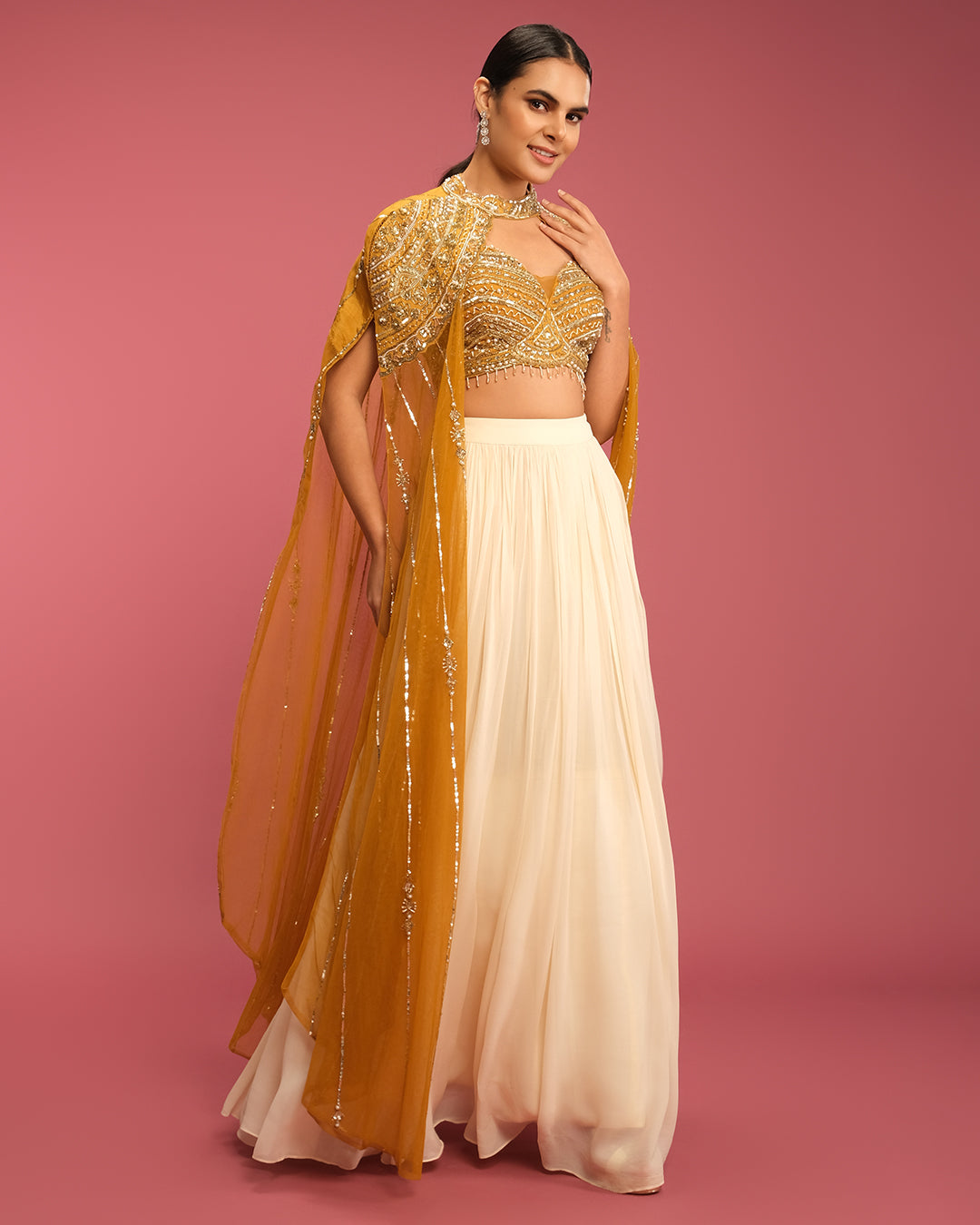 Ochre Yellow & Pearl White Fusion Cape Jacket Set