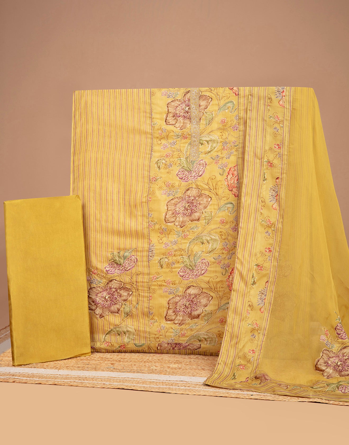 Olive Green Floral Printed Blended Silk Unstitched Suit Set