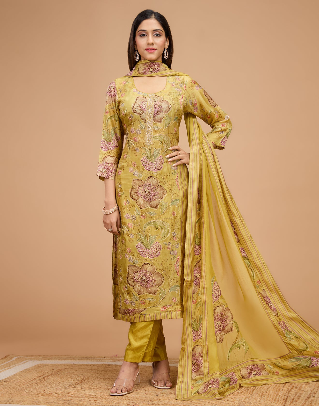 Olive Green Floral Printed Blended Silk Unstitched Suit Set
