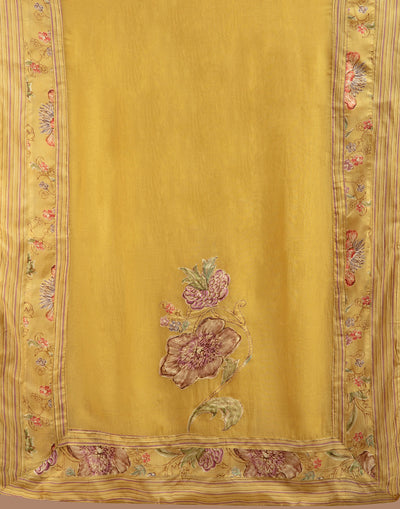 Olive Green Floral Printed Blended Silk Unstitched Suit Set