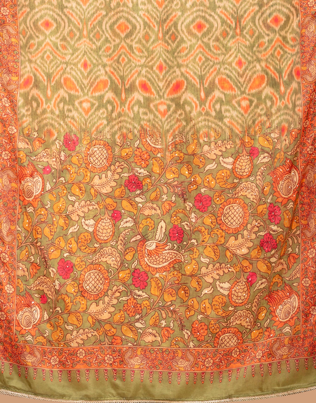 Olive Green Ikkat And Kalamkari Printed Silk Unstitched Suit Set