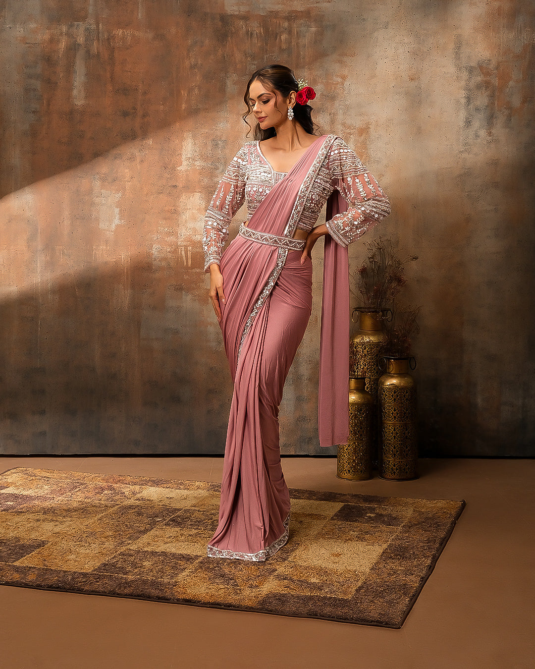 Onion Pink Lycra Pre-Draped Saree With Embellished Blouse