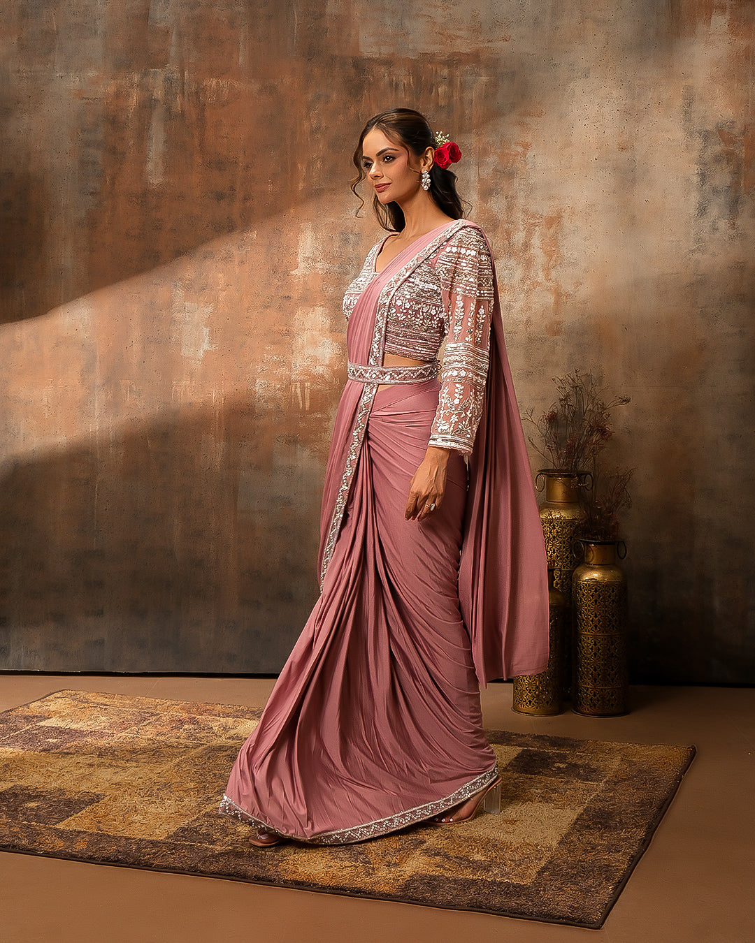 Onion Pink Lycra Pre-Draped Saree With Embellished Blouse