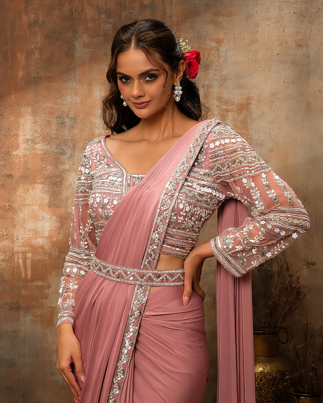 Onion Pink Lycra Pre-Draped Saree With Embellished Blouse