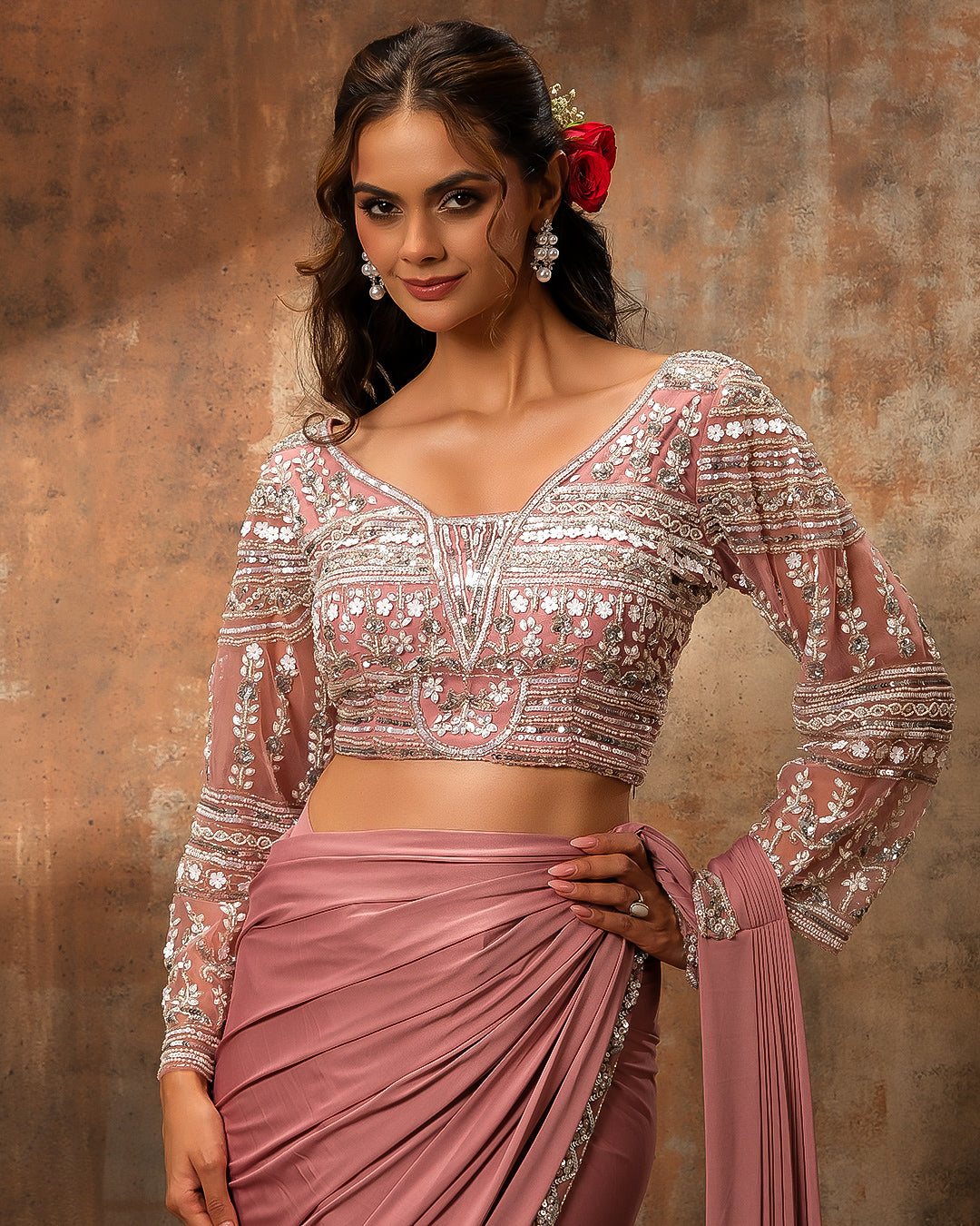 Onion Pink Lycra Pre-Draped Saree With Embellished Blouse