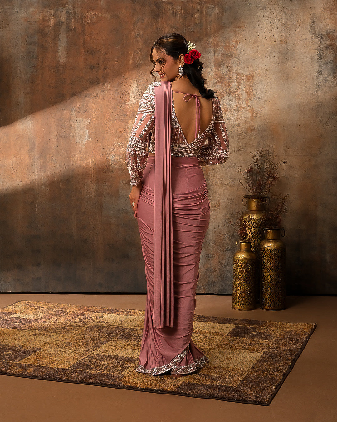 Onion Pink Lycra Pre-Draped Saree With Embellished Blouse