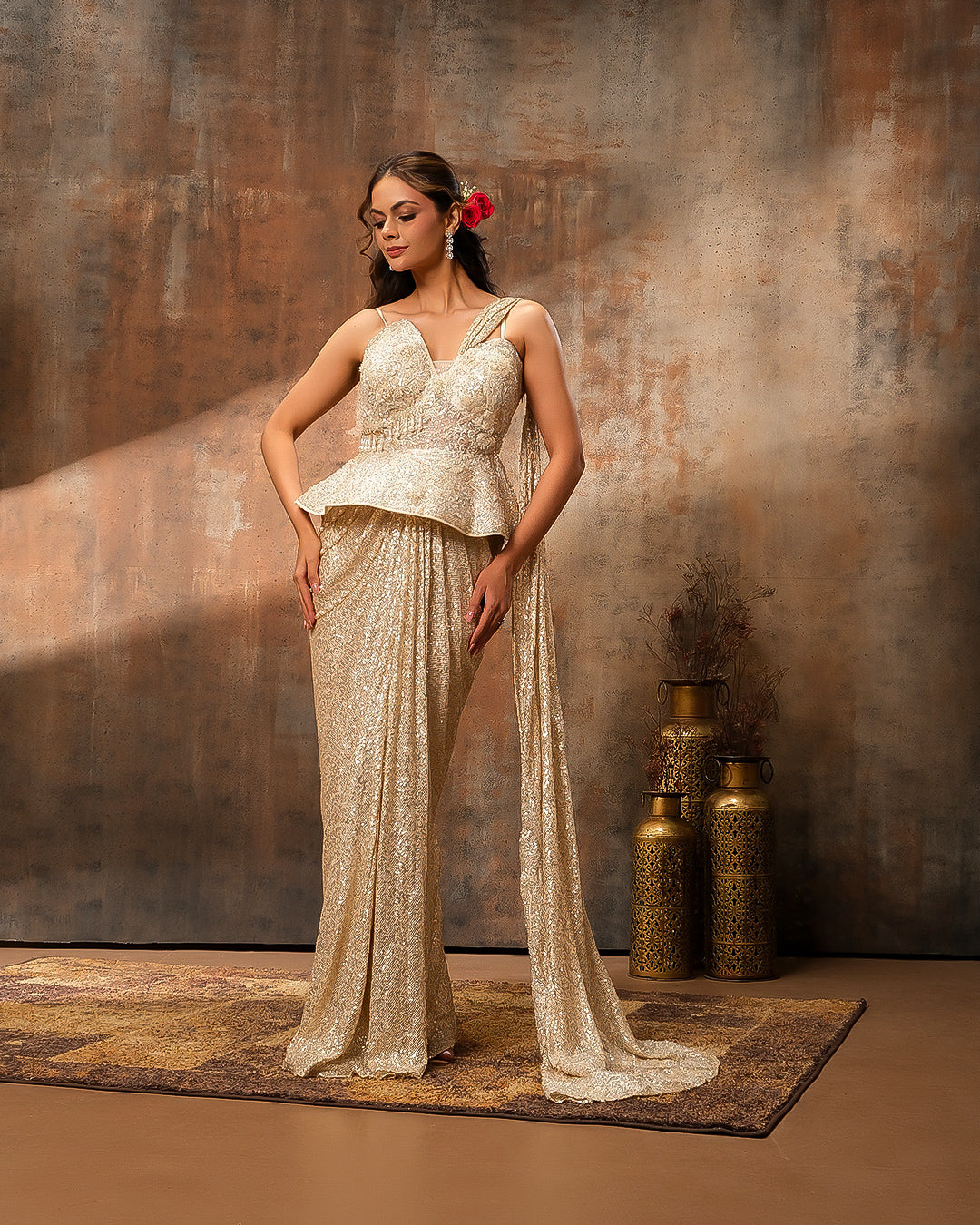Opulent Champagne Embellished Corset Peplum Pre-Draped Saree