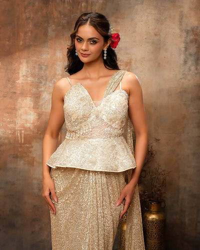 Opulent Champagne Embellished Corset Peplum Pre-Draped Saree