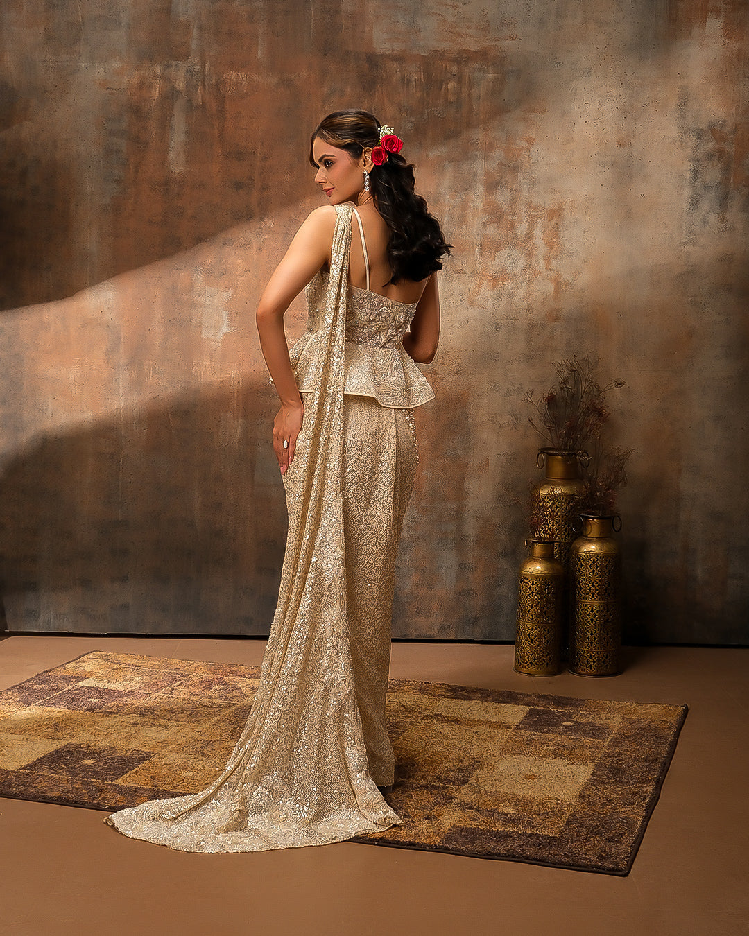 Opulent Champagne Embellished Corset Peplum Pre-Draped Saree