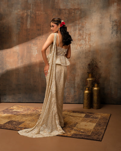Opulent Champagne Embellished Corset Peplum Pre-Draped Saree