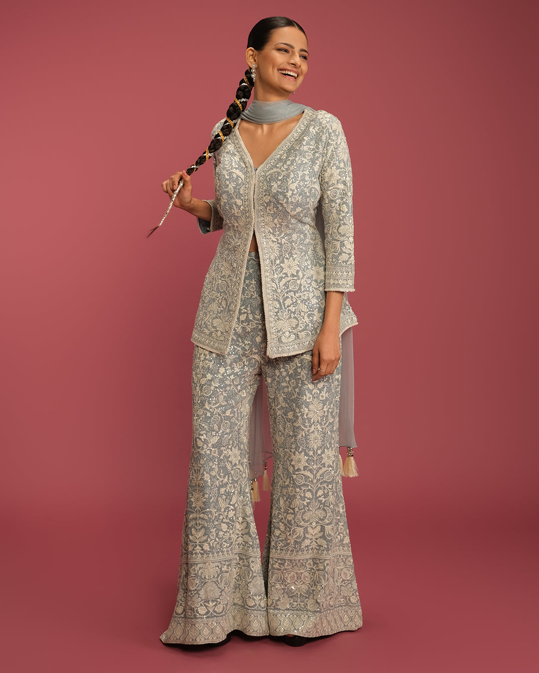 Pale Blue Lucknowi Fusion Set