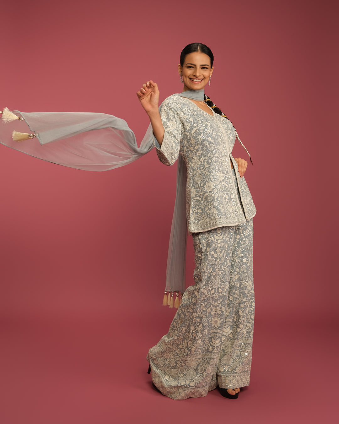 Pale Blue Lucknowi Fusion Set