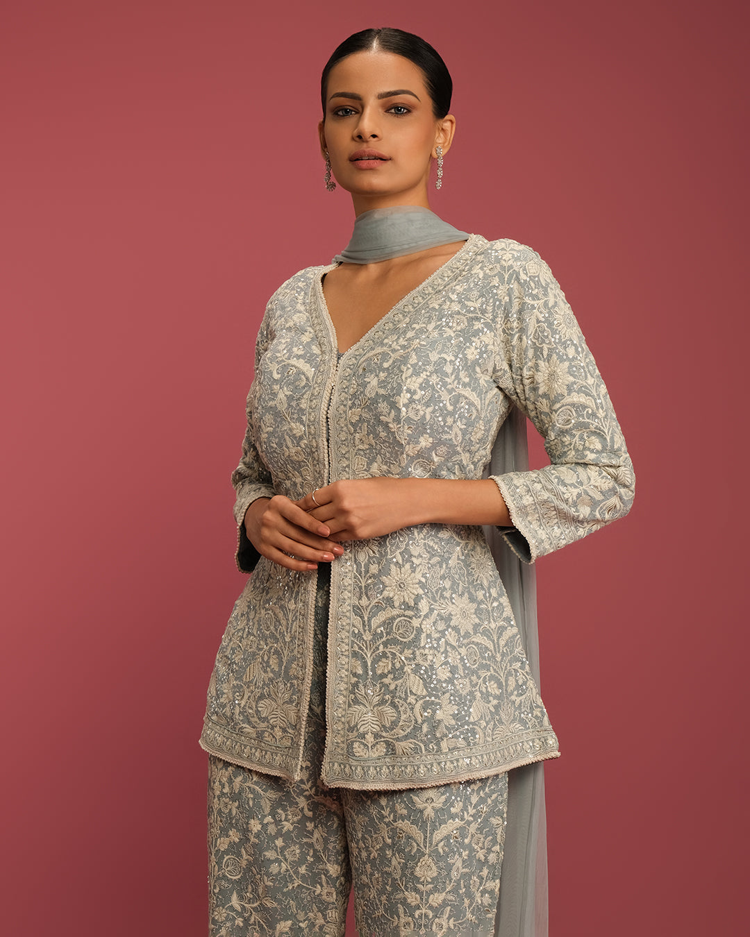 Pale Blue Lucknowi Fusion Set