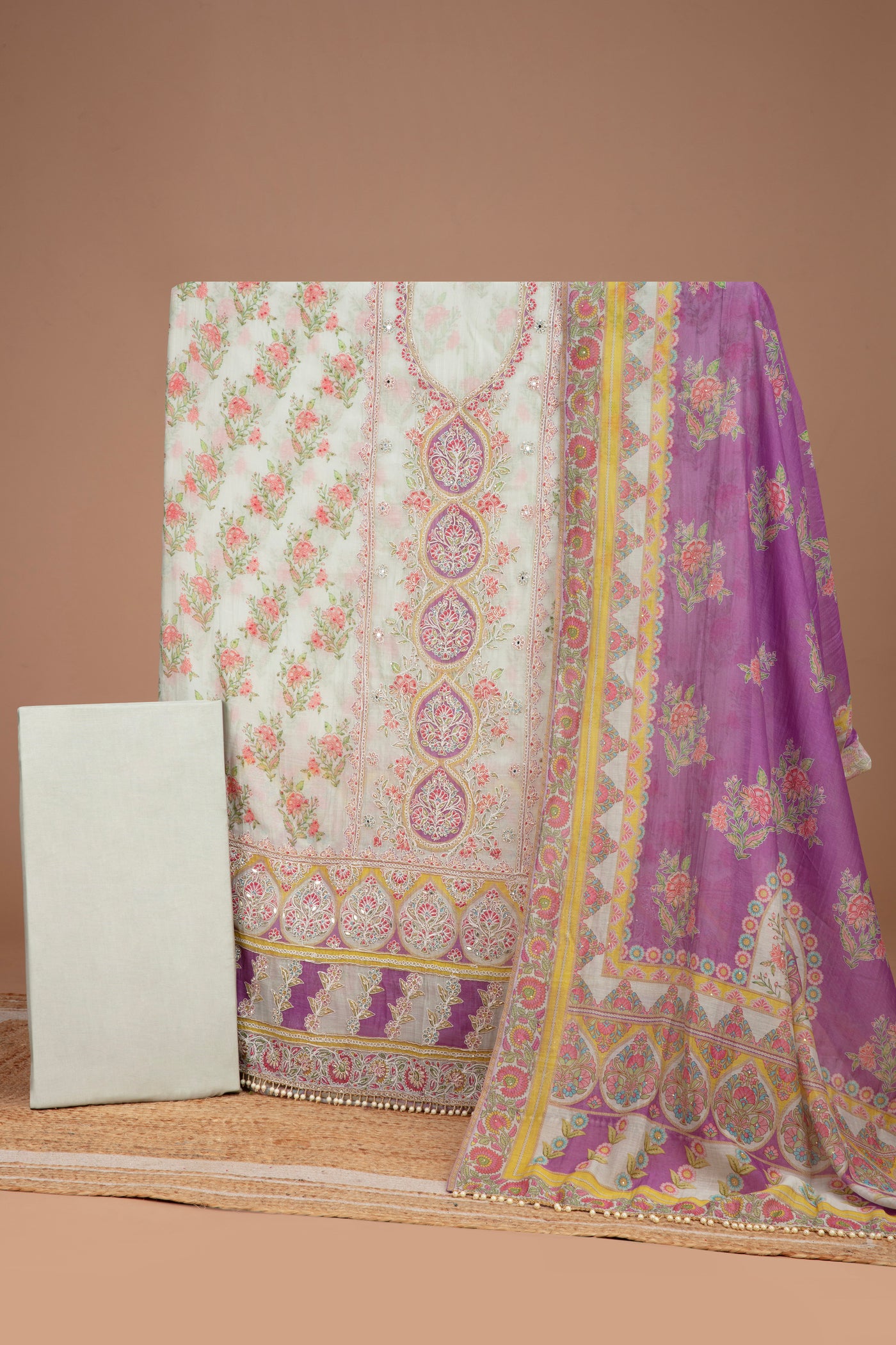 Pale Green With Lilac Mist Mughal Printed Soft Silk Unstitched Suit Set