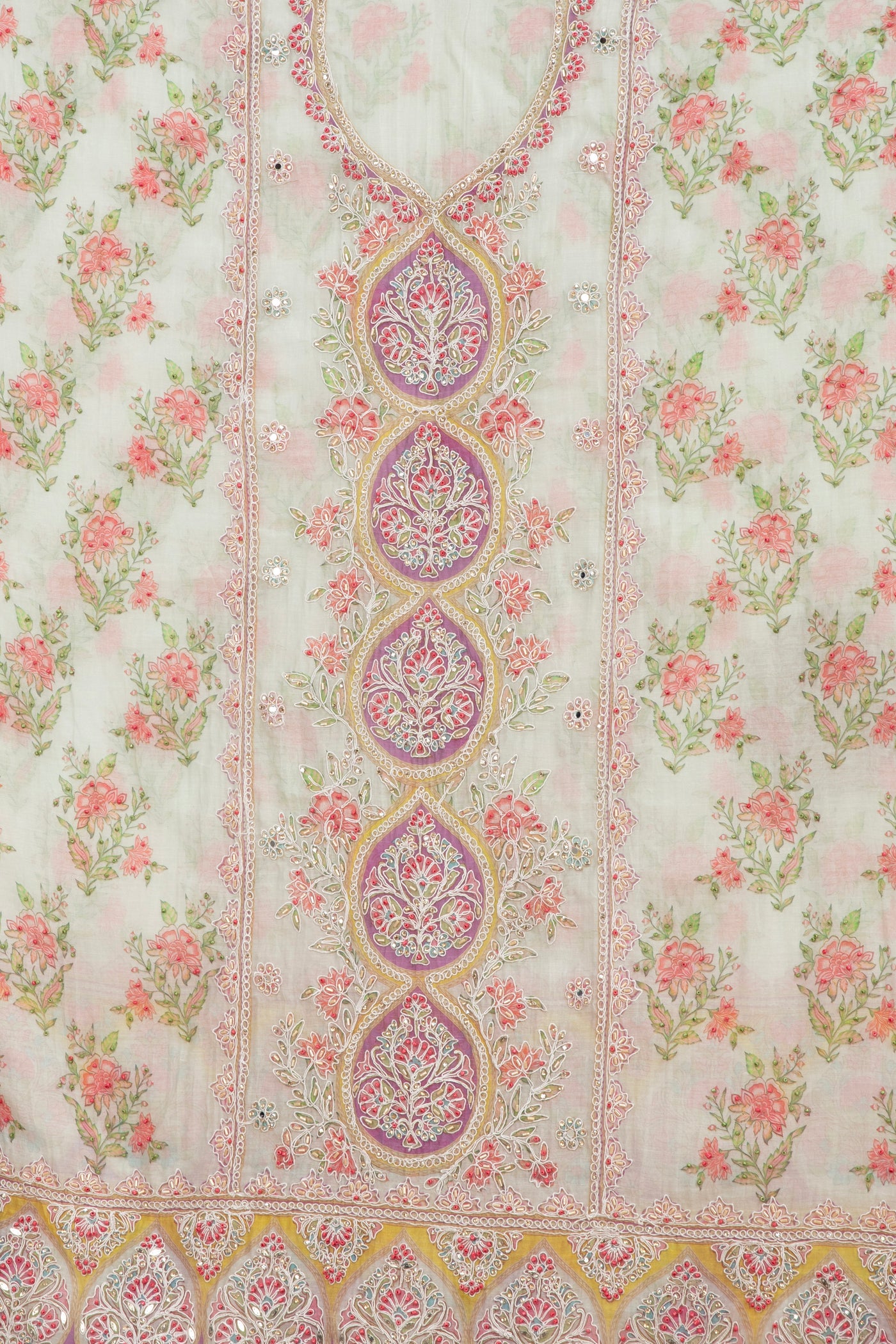 Pale Green With Lilac Mist Mughal Printed Soft Silk Unstitched Suit Set