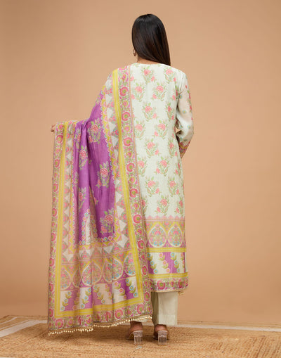Pale Green With Lilac Mist Mughal Printed Soft Silk Unstitched Suit Set