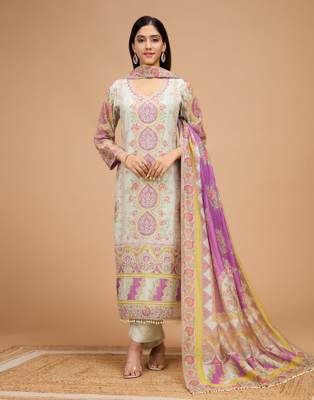 Pale Green With Lilac Mist Mughal Printed Soft Silk Unstitched Suit Set