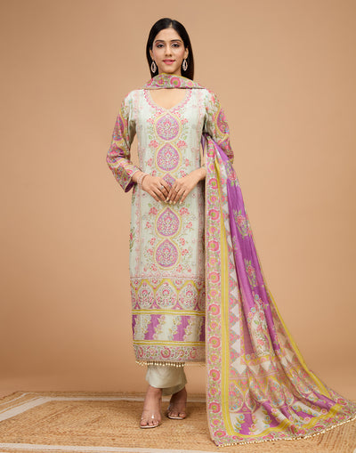 Pale Green With Lilac Mist Mughal Printed Soft Silk Unstitched Suit Set