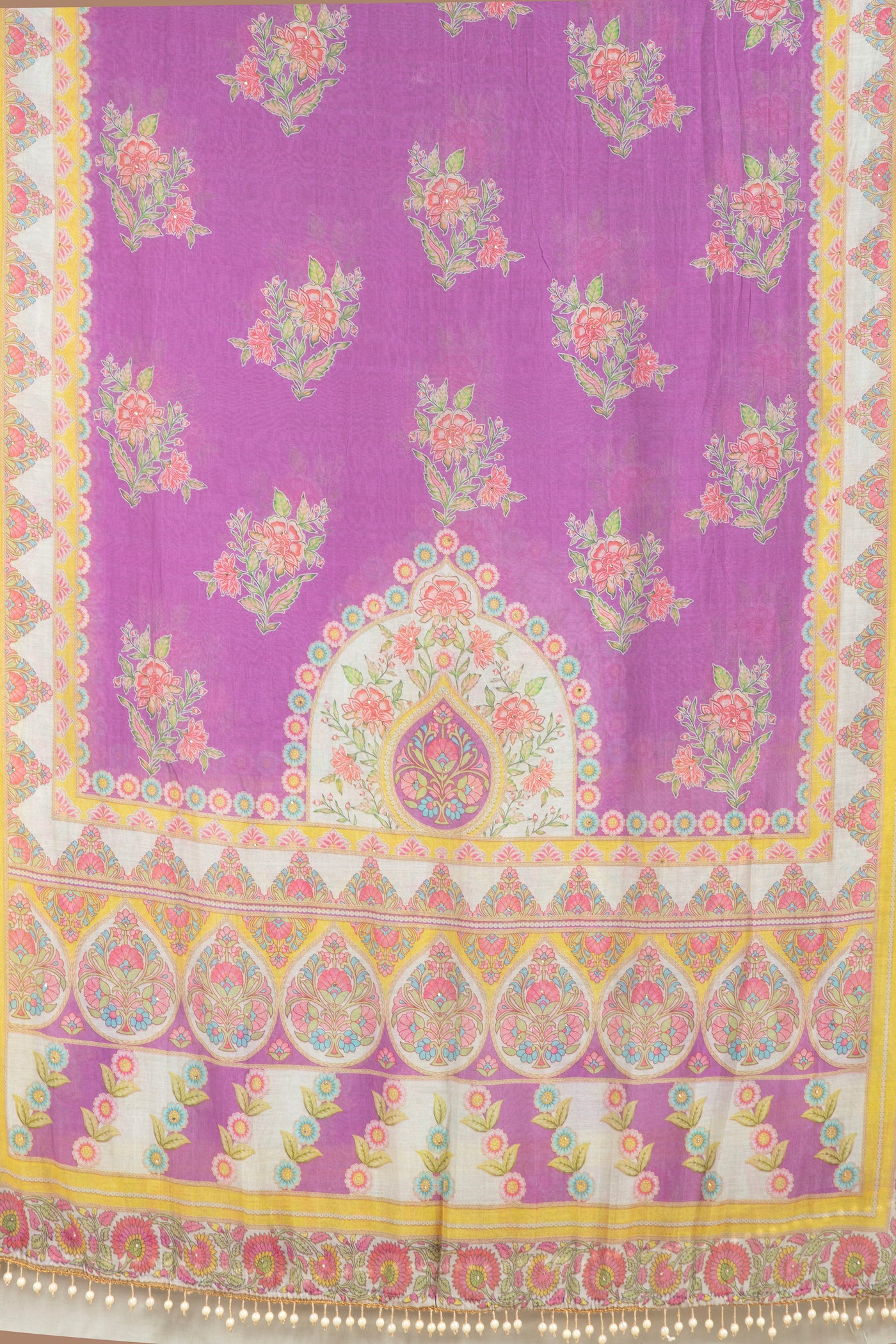 Pale Green With Lilac Mist Mughal Printed Soft Silk Unstitched Suit Set