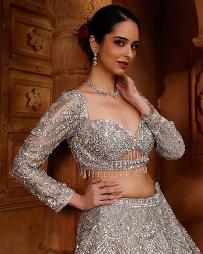 Pale Shimmer Green Net Embellished Lehenga For Sangeet