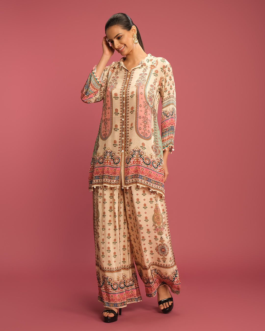 Pearl Beige With Mughal Digital Print Crepe Co-Ord Set