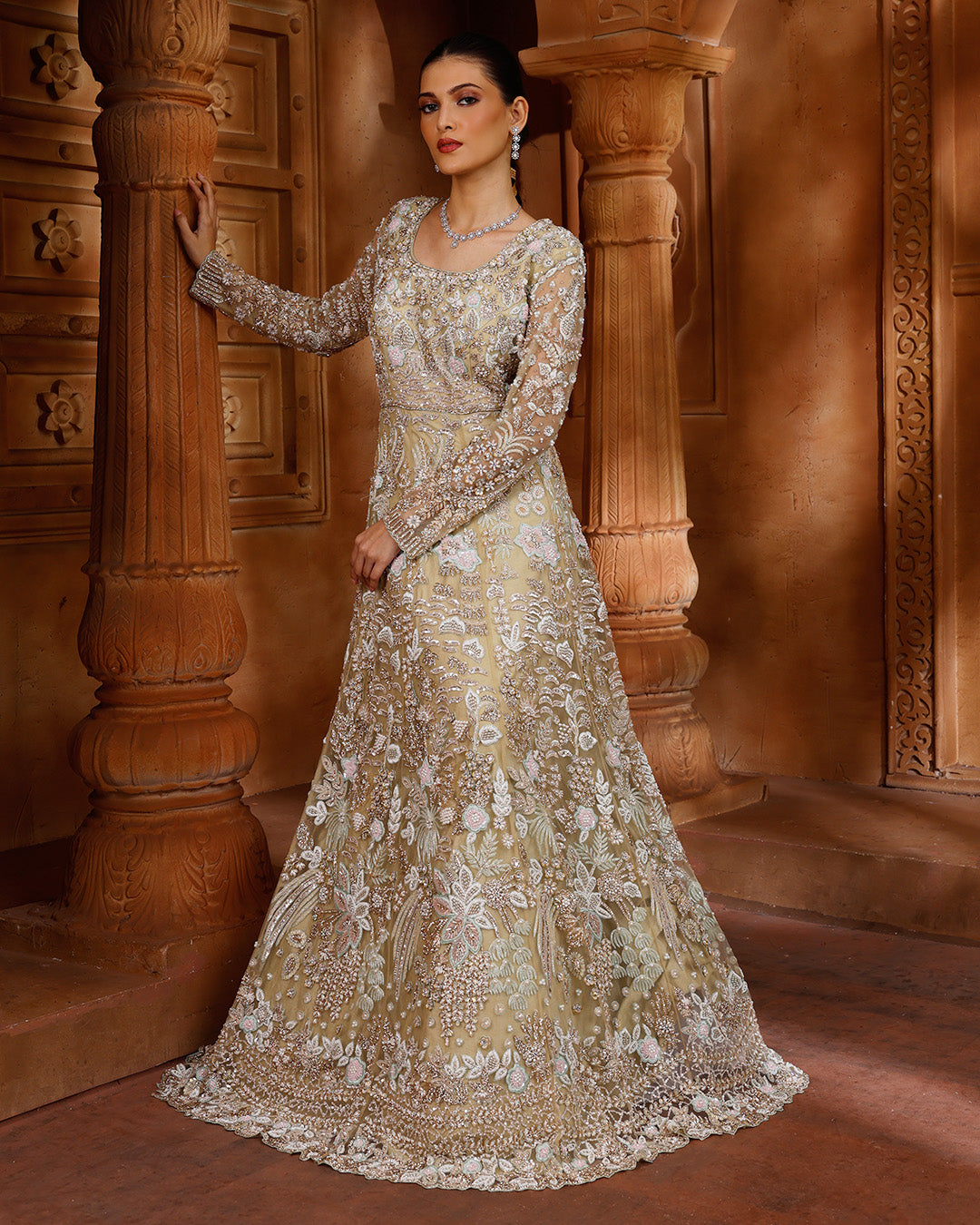 Shop Pearl Cream Embroidered Bridal Gown For Wedding Online – Roopkala