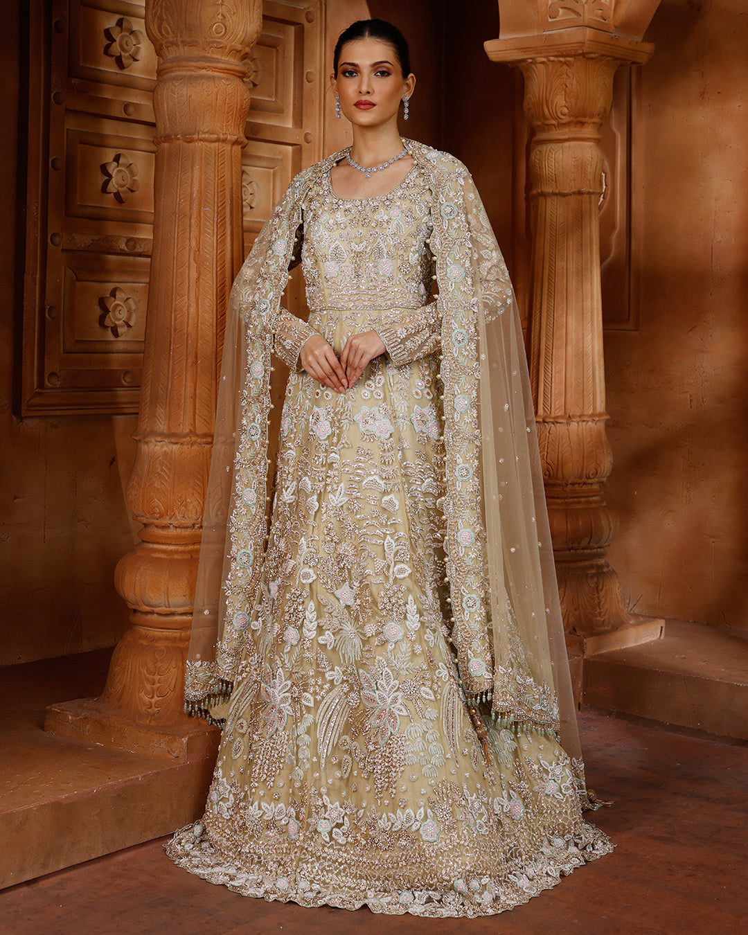 Pearl Cream Embroidered Bridal Gown For Wedding