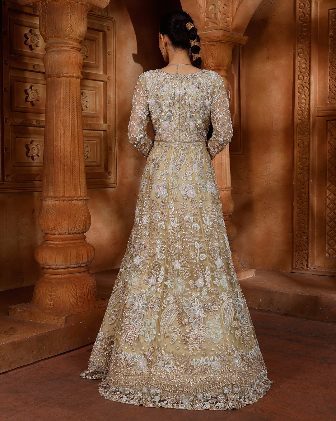 Pearl Cream Embroidered Bridal Gown For Wedding