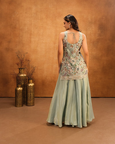 Pearl Green Embroidered Festive Tissue Silk Palazzo Suit