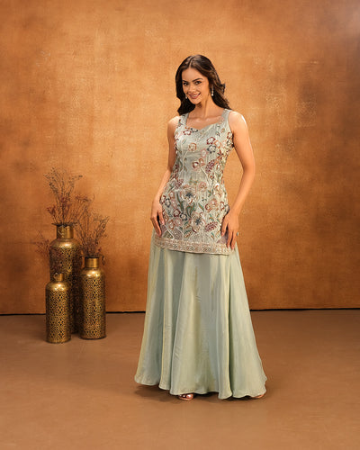 Pearl Green Embroidered Festive Tissue Silk Palazzo Suit