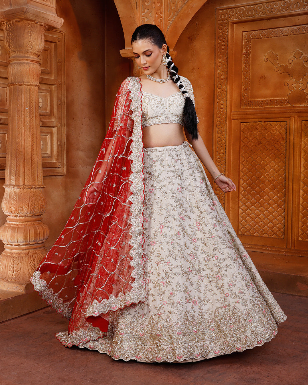 Pearl Ivory Lehenga Set With Unstitched Blouse Fabric And Contrast Red Dupatta