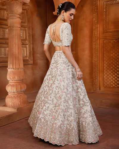 Pearl Ivory Lehenga Set With Unstitched Blouse Fabric And Contrast Red Dupatta
