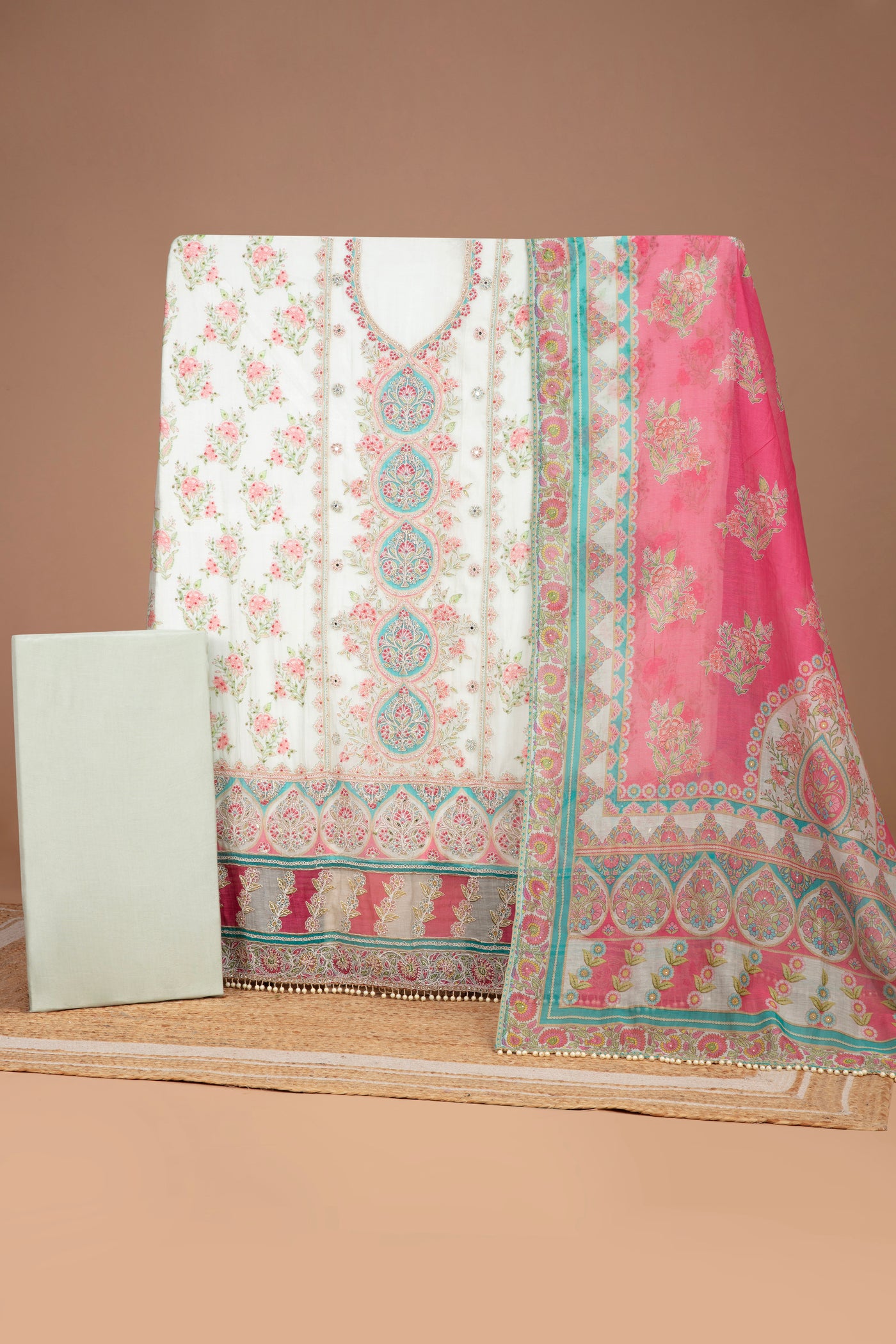 Pearl Pistachio Mughal Printed Soft Silk Unstitched Suit Set