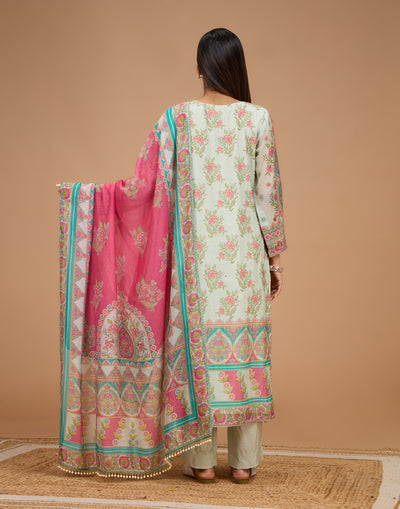 Pearl Pistachio Mughal Printed Soft Silk Unstitched Suit Set