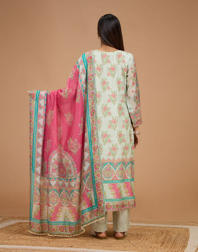Pearl Pistachio Mughal Printed Soft Silk Unstitched Suit Set