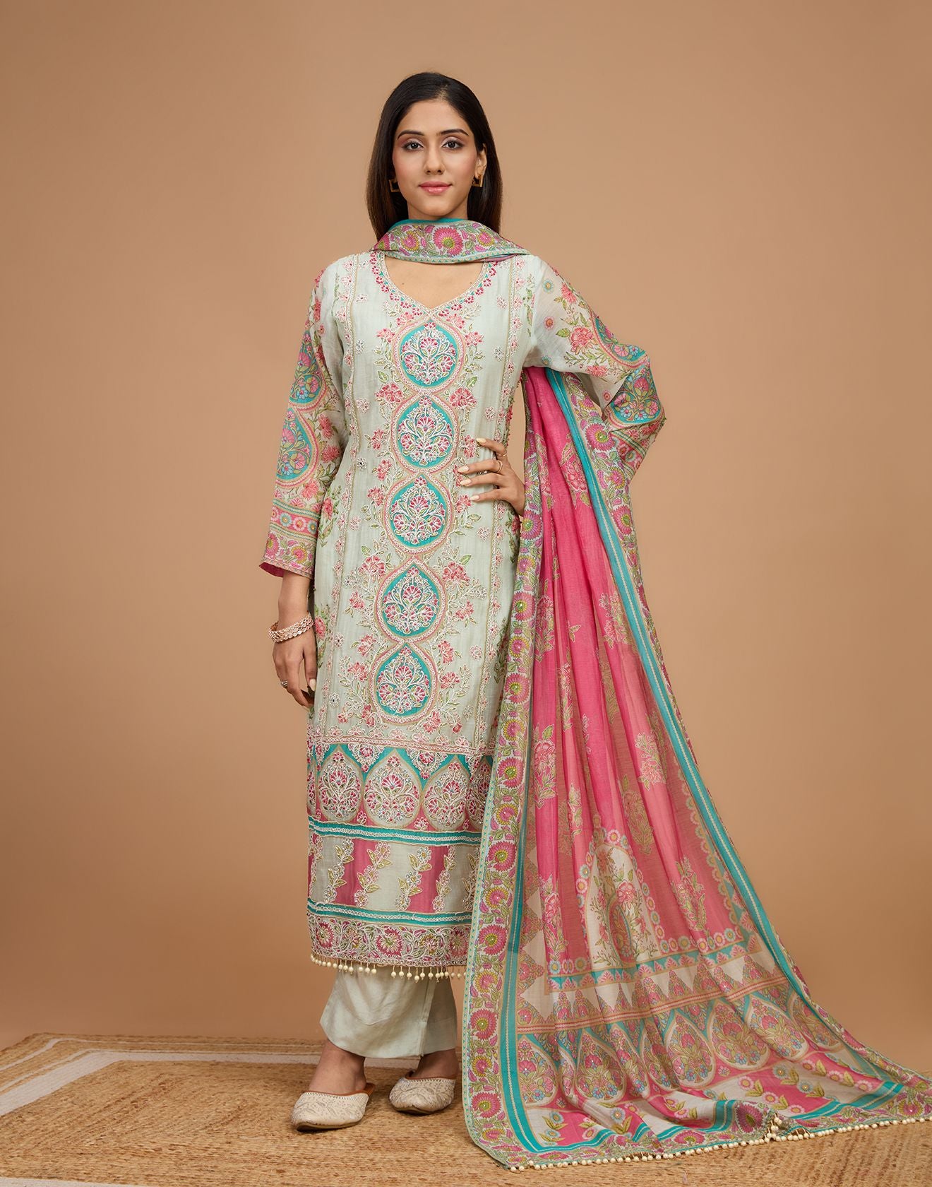 Pearl Pistachio Mughal Printed Soft Silk Unstitched Suit Set