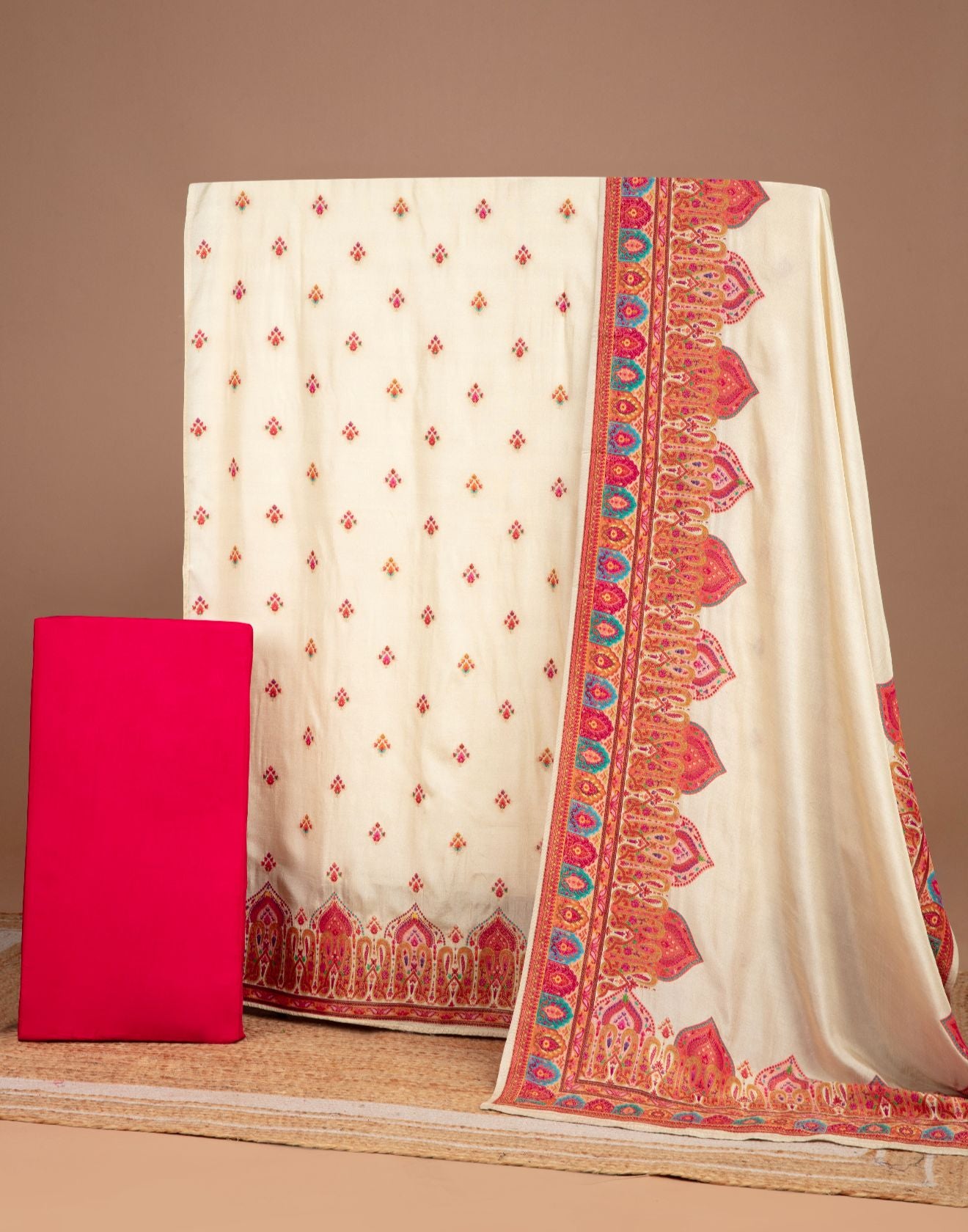 Pearl White And Berry Pink Woven Silk Unstitched Suit Set