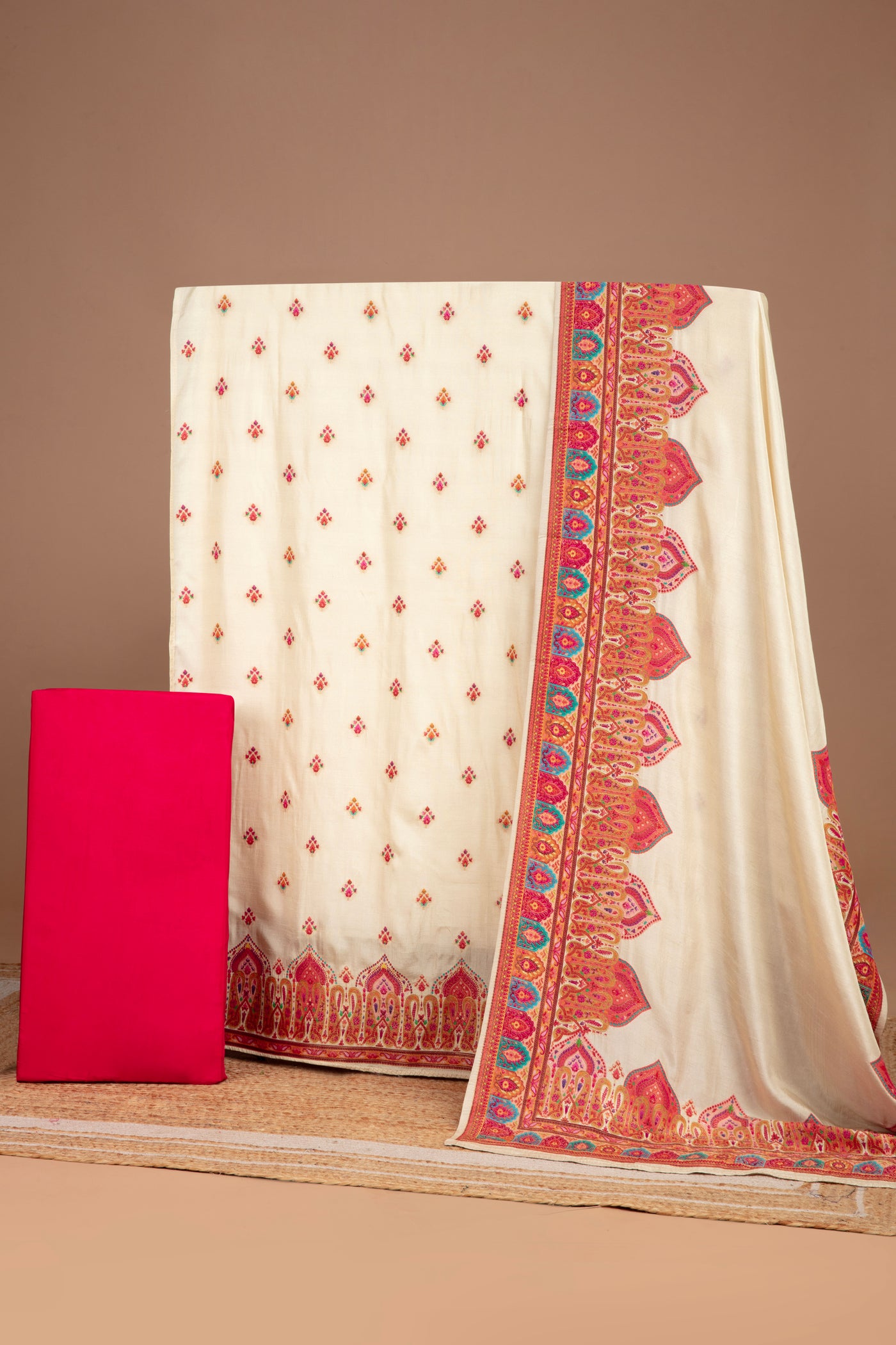 Pearl White And Berry Pink Woven Silk Unstitched Suit Set