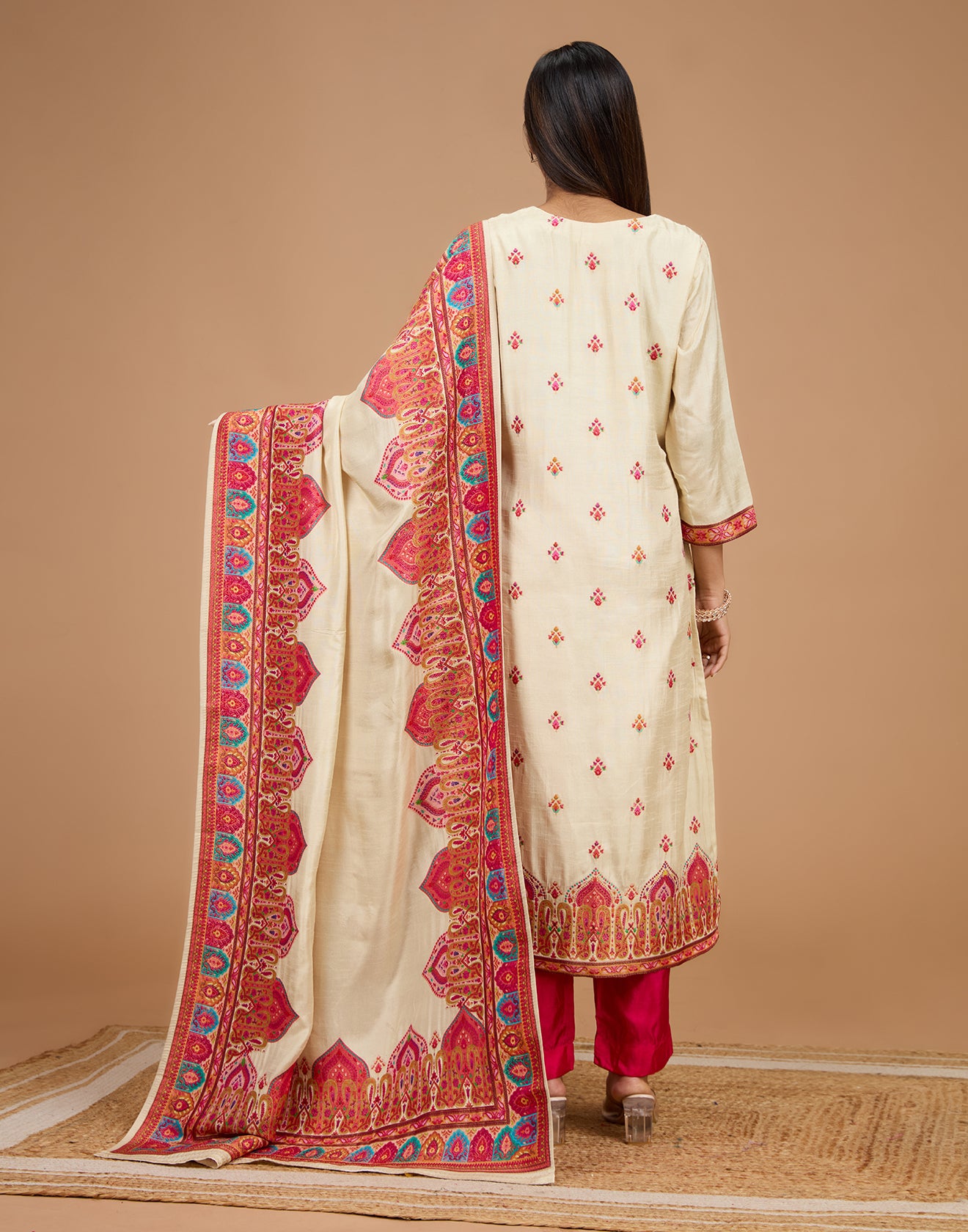 Pearl White And Berry Pink Woven Silk Unstitched Suit Set