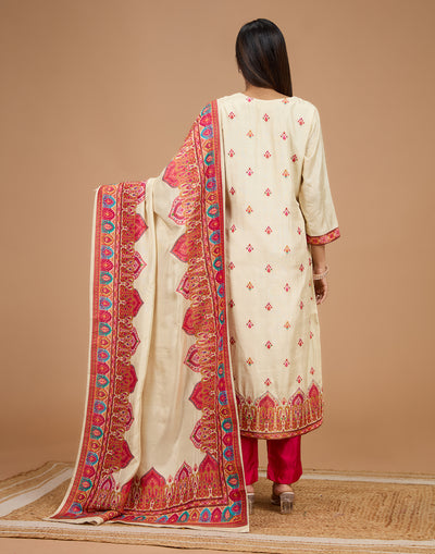 Pearl White And Berry Pink Woven Silk Unstitched Suit Set